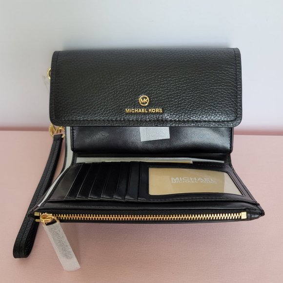 MICHAEL KORS Jet Set Charm Pebble Leather Large Flap Phone Wristlet-Black - Picture 12 of 16